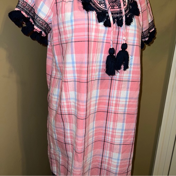 Crown & Ivy Pink Blue White Plaid Tassel Dress Short Sleeve Size 2 - Picture 2 of 10
